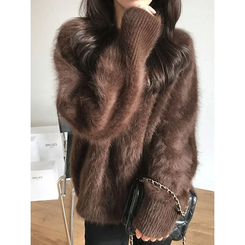 2024 New Women's Angora Knitted Pullover Sweater Loose-Fit Mink Round Neck Outerwear For Autumn/Winter Idle Style