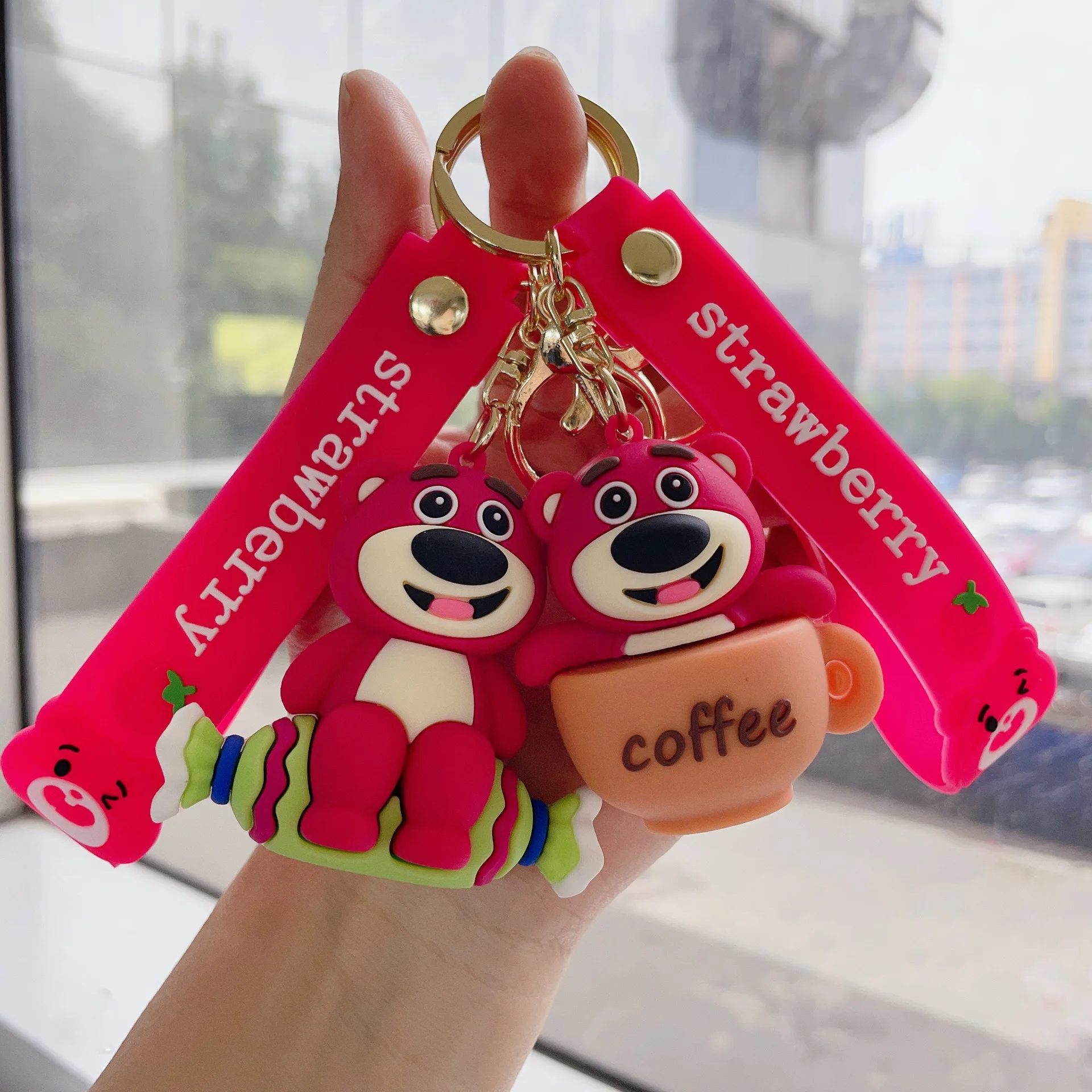 Disney Cartoon Toy Story Cute Pink Losto Bear Keychain for Women Men Fans Backpack Bag Car Keys Holder Accessories Keyring Gifts