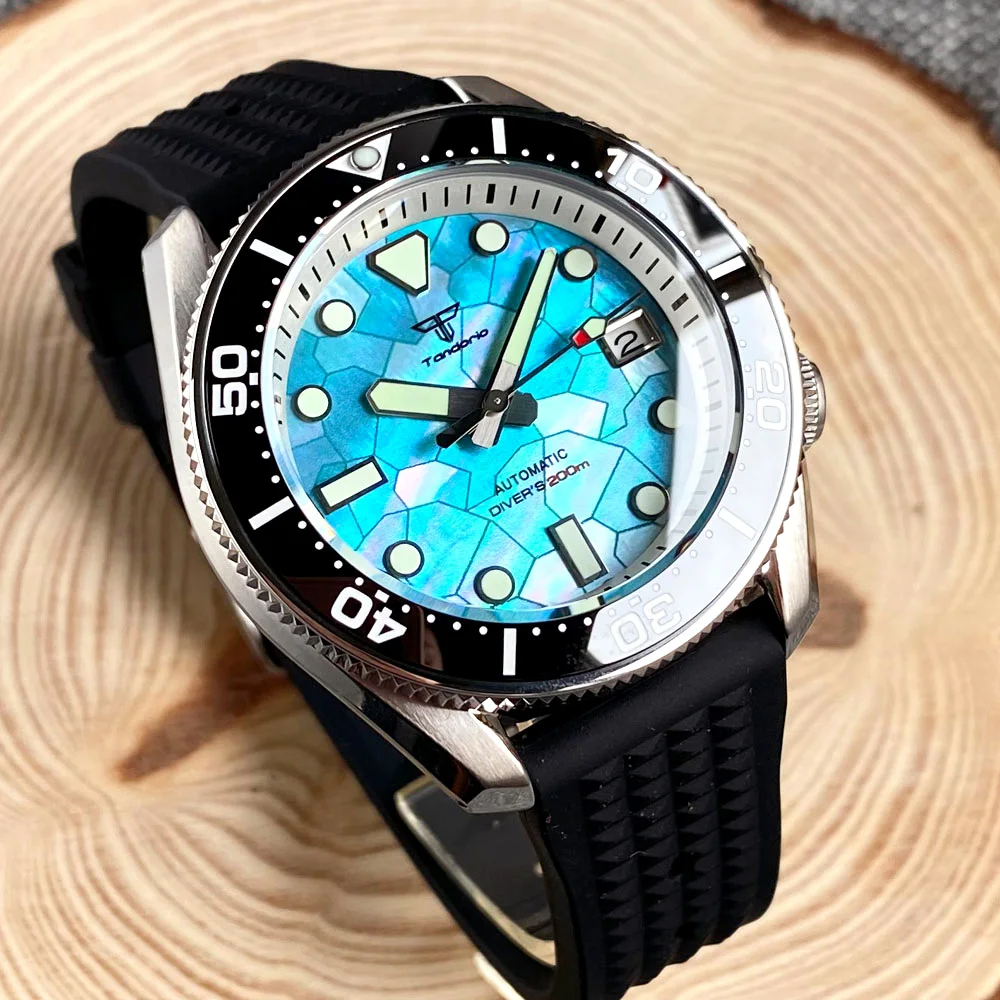 

Tandorio 42.5mm NH35A Sapphire Glass 20BAR Diving Automatic Watch for Men Luminous Black Blue MOP Shell Dial Rubber Strap