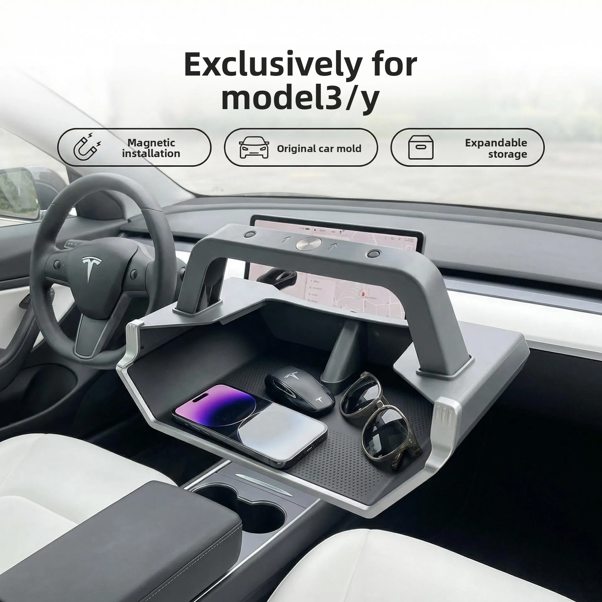 Magnetic Storage Box for Tesla Model 3 Y Center Console Organizer Cyber Mecha Style Interior Accessories