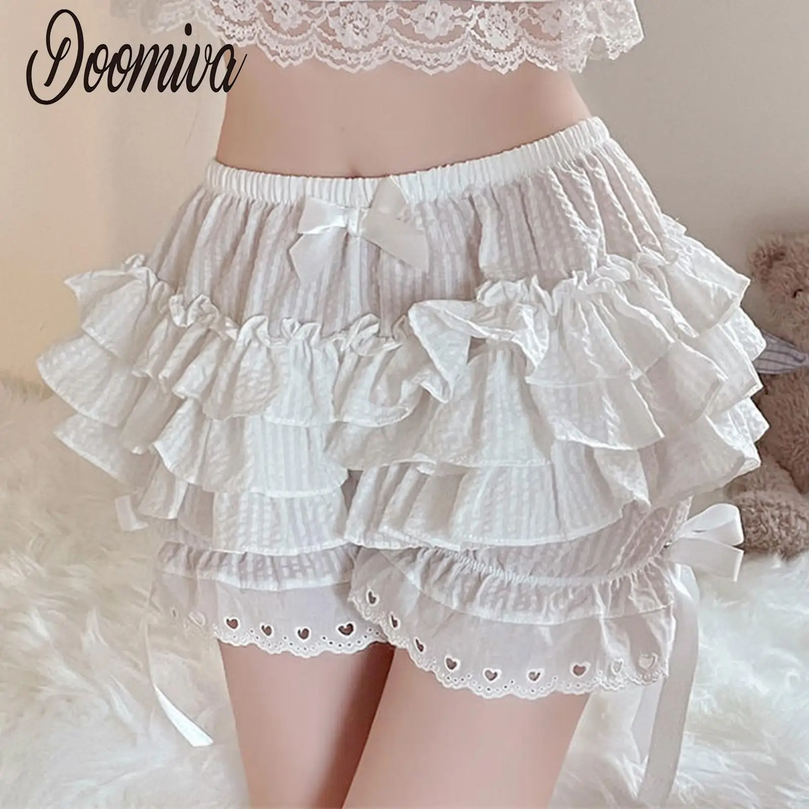 

White Women's Tiered Ruffle Panties Dance Bloomers Sissy Booty Shorts Pettipants Girl Sweet Bowknot Ruched Culottes Maid Cosplay