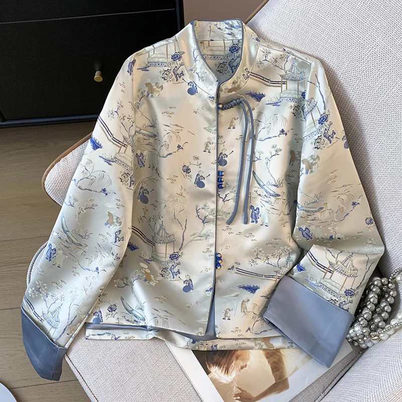 New Chinese Style Autumn Satin Stand Collar Hanfu Embroidered Brocade Fabric Women's Jacket Heavy Embroidery Outerwear