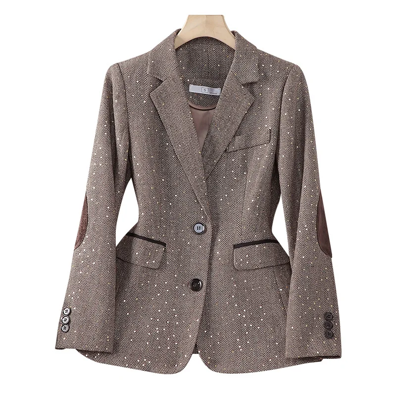 2024 Spring Retro Gray Splice Plaid Sequins Blazers Coat For Women Brown Elegant Business Vintage Ladies Suit Jacket Fashion Y2k