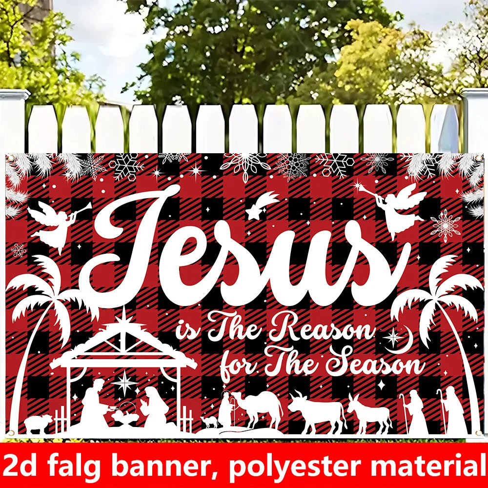 Pancarta de puerta plana 2D, 1 pieza grande Jumbo Jesús es la razón para la temporada Banner de la Natividad - 70,8 "x 43,3" a cuadros rojos y negros