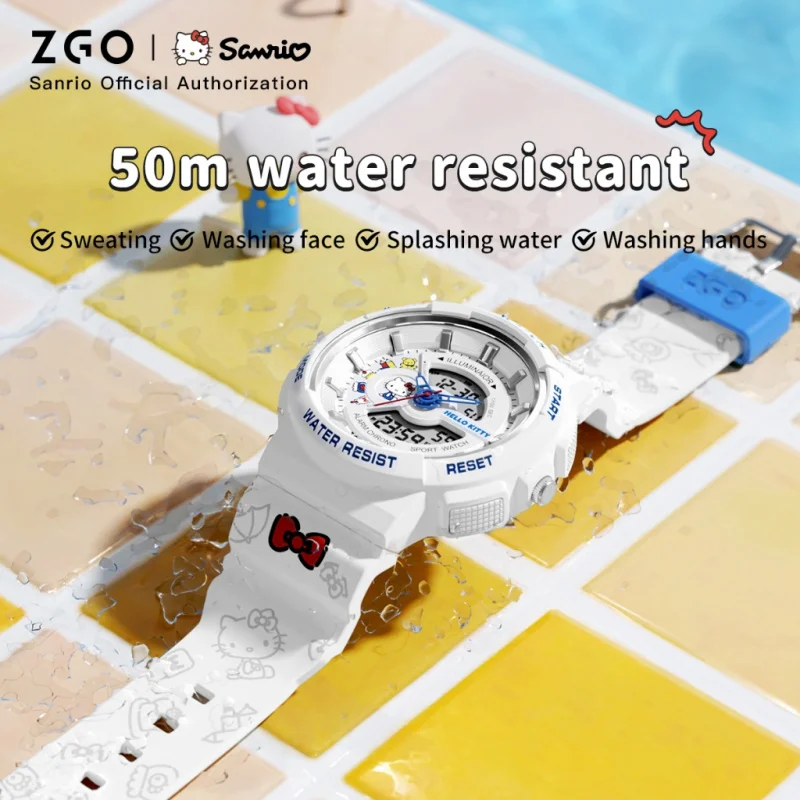 Zgo Sanrio Jam Tangan Digital Wanita Hello Kitty Jam Tangan Olahraga Tahan Air Layar Ganda Multifungsi untuk Hadiah Siswa 8573