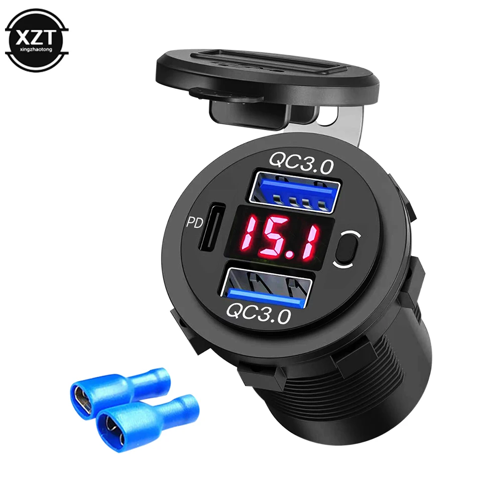 60W PD Dual QC 3.0 USB Charger with Digital Voltmeter Switch Socket Power Outlet Adapter Waterproof 12V 24V Car Truck Motorcycle