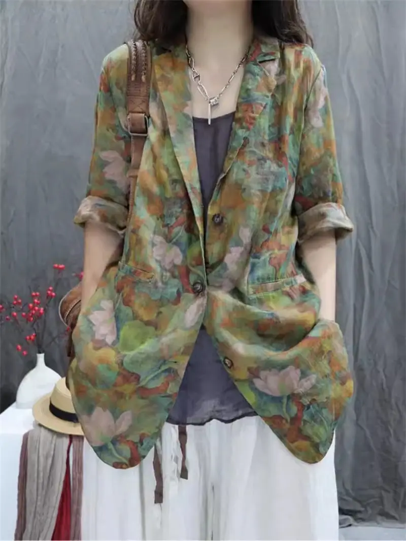 Women\'s Summer Loose Blazer, Printed Ramie Cotton Linen Blend 3/4 Sleeve Jacket, Ethnic Style Sun Protection Cover-Up K171