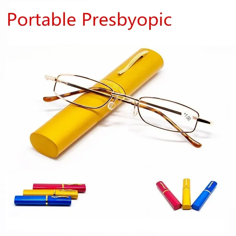 2022Unisex Reading Glasses with Pen Tube Case Portable Presbyopic Glasses Metal Case Spring Hinge Eyeglasses Vision Care Okulary