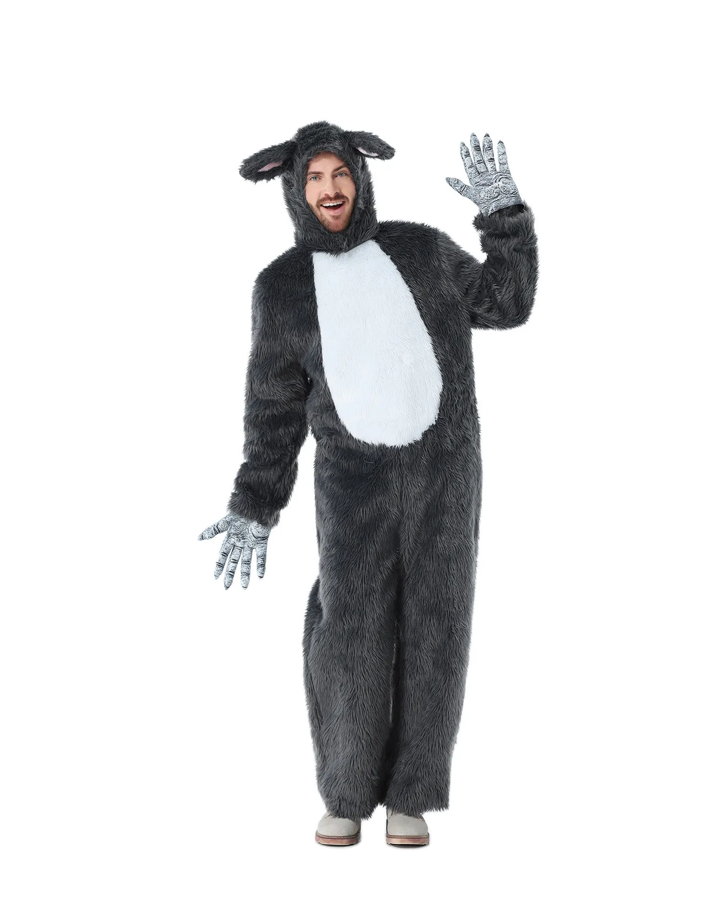 Flauschiger Herren-Wolf-Jumpsuit mit Kapuze und Wolfsohren, Weißer Bauch-Design, Erwachsenen-Halloween-Tier-Cosplay-Outfit – Detail 3