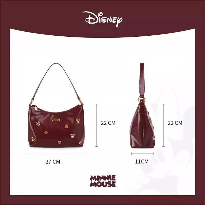 Disney Minnie Cherries Red Oil Wax Leather Underarm Bag Diamond Inlaid Tote Bag Fashionable Shoulder Bag For Commuting Women Bag