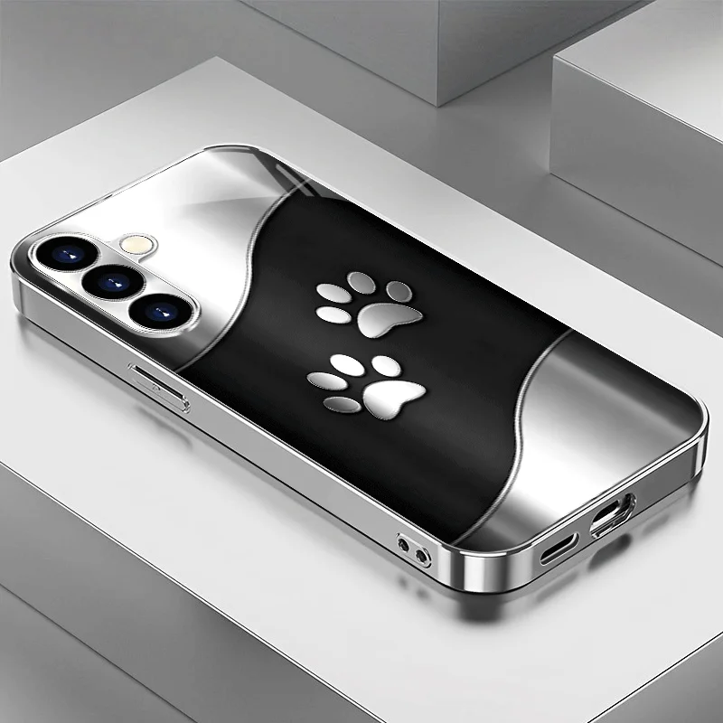 Black silver paw-print curve pattern glass phone case for Samsung Galaxy S26 S25 S24 S23 S22 S20 FE/Ultra/Plus anti drop Cover