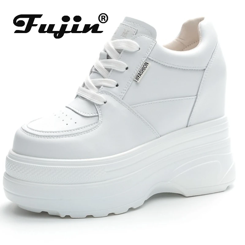 Fujin 12CM Wedge Pumps Autumn Genuine Leather Spring Spring Shoes Hidden Heels Moccasins Women Platform High Brand Female Shoes