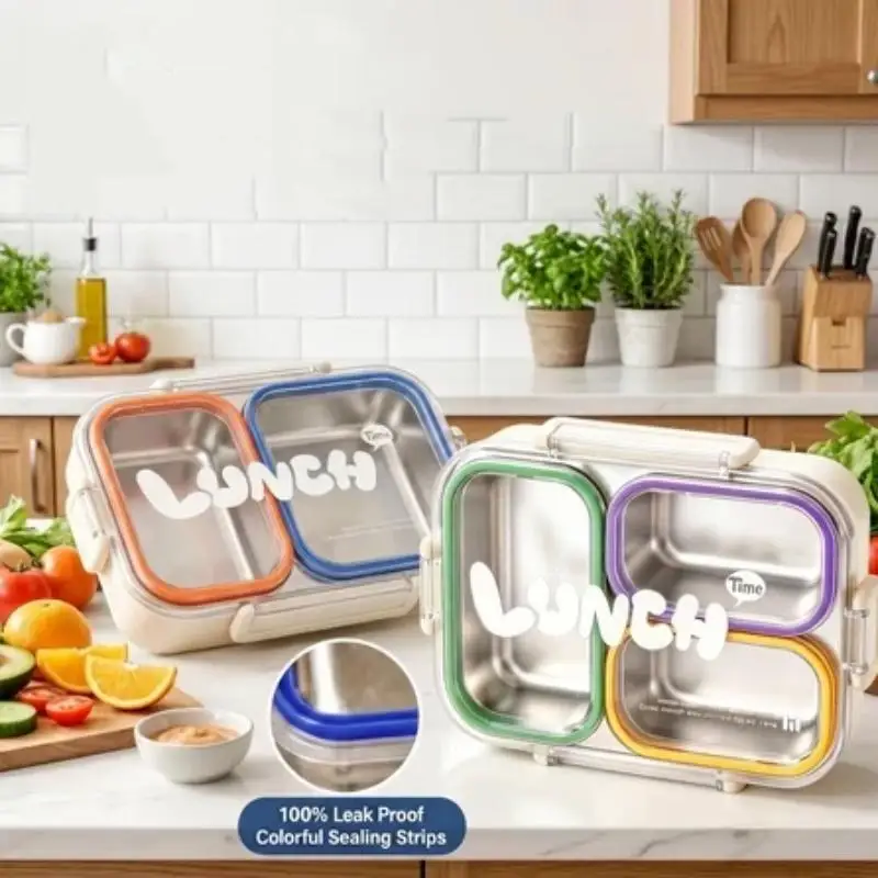 [S]Portable Leak Proof Stainless Steel Lunch Box With 3 Compartments For School Office And Outdoor Use