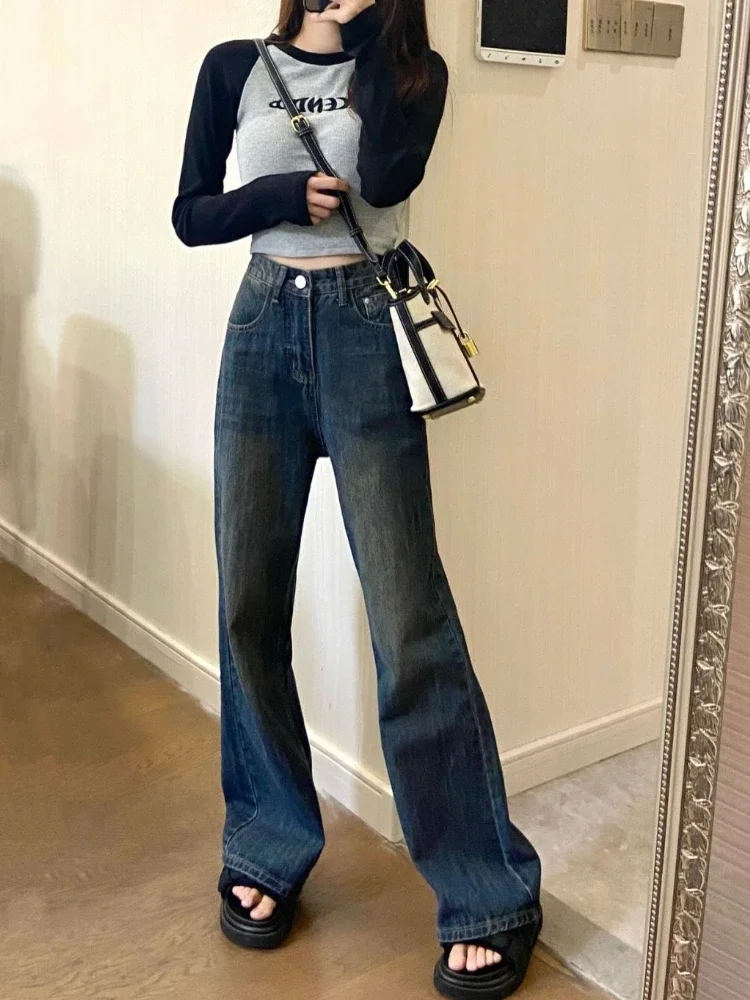 Baggy Jeans Women Flare Spring Fashion Streetwear All-match Chic American Retro Full-length Personality Students Basic Casual