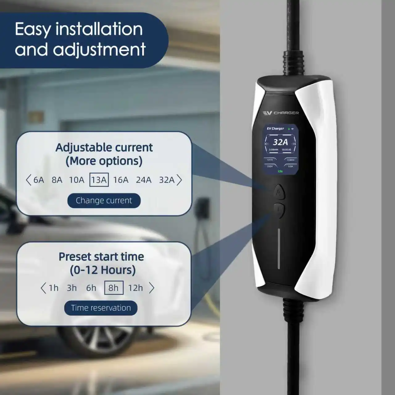Ładowarka EV EVcharger4U Typ 2 IEC62196 Przenośna Ładowarka EV 1P 7kW Regulacja Prądu 6A-32A Inteligentne Sterowanie Aplikacją WiFi do Pojazdów Elektrycznych