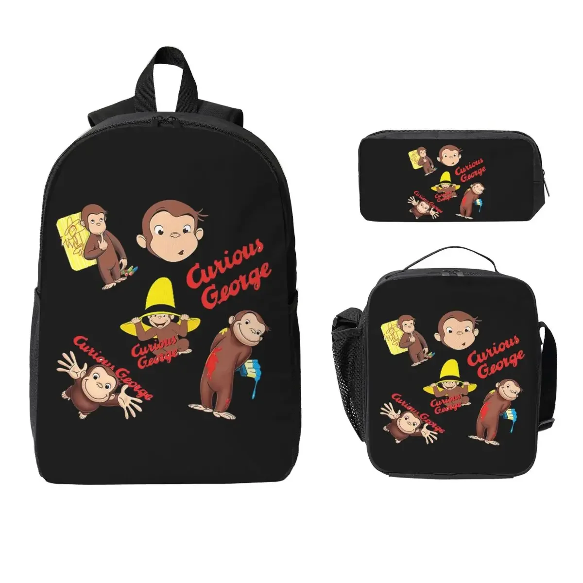 Cartoon Curious George Monkey Anime Backpack BookBag School Bag Laptop Shoulder Bags 3ps Insulated Lunch Bag Pencil Case