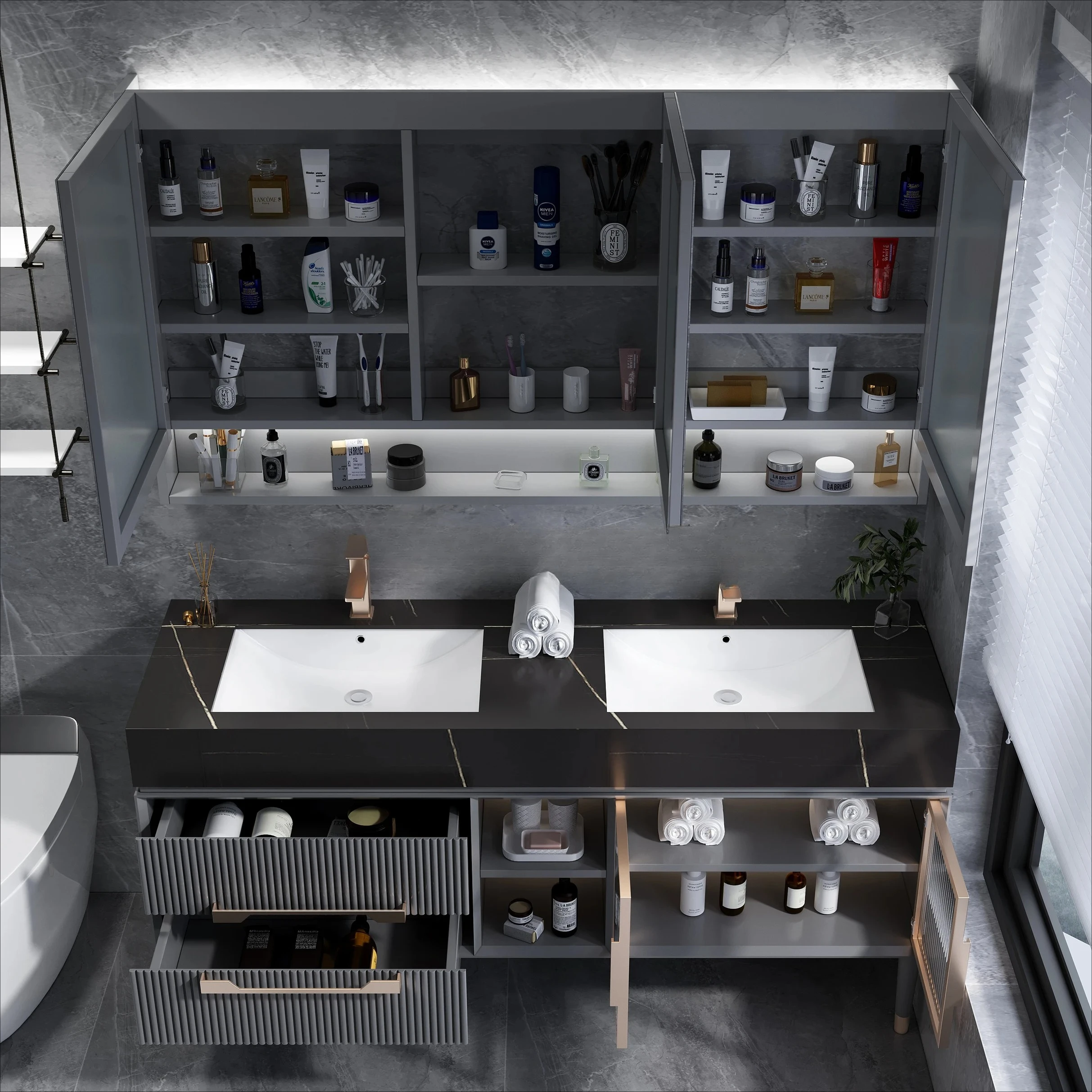 Heller, luxuriöser Badezimmerschrank aus Eichenholz, Kombination aus modernem, minimalistischem Waschbecken, wasserdichtem Waschtisch, Steinplatte, intelligenter Spiegelschrank