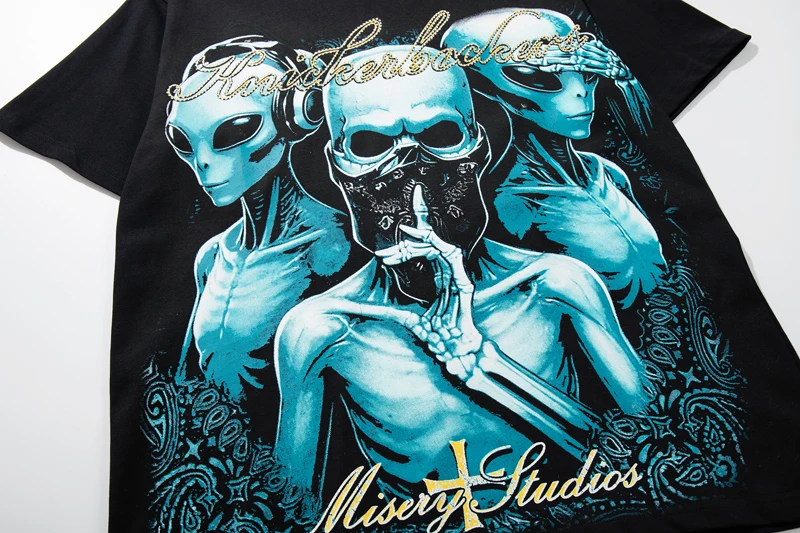 Summer MAJESTIK Tshirts Wings Cross Print Alien Pattern Black Washed Round Neck Short Sleeve Men Women American Street Outfit