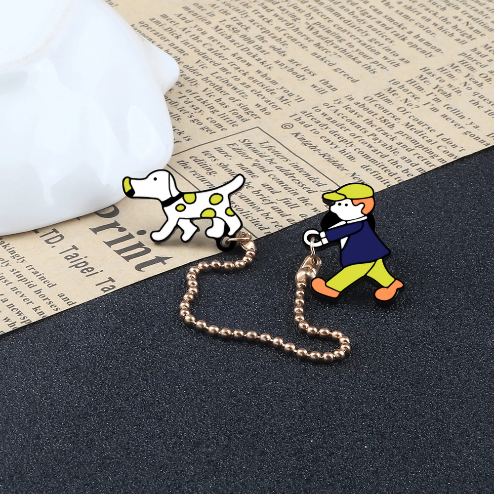 Cartoon Pet Dogs Brooches Cute Hat Boy Walking Dog Enamel Pins Metal Chain Animals Badges Denim Lapel Bag Jewelry Gifts for Kids