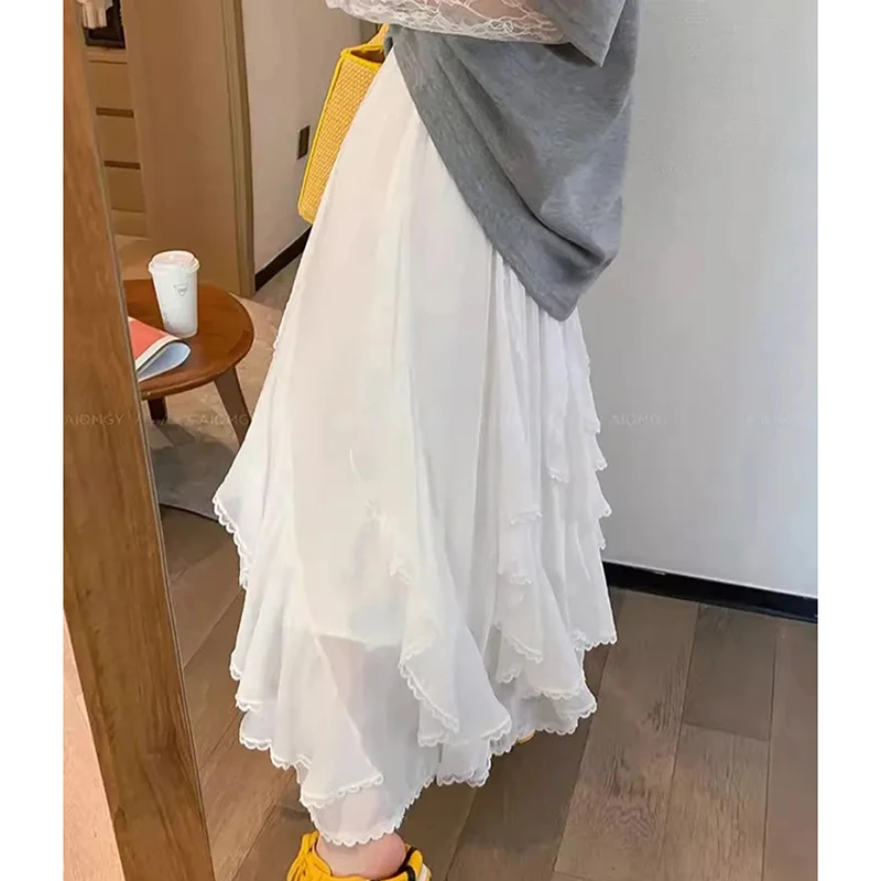 

White Asymmetric Lace Ruffle Skirt Summer Lightweight High Waisted Sweetheart Patchwork Skirt A-Line Beach Tiered Preppy Skirt