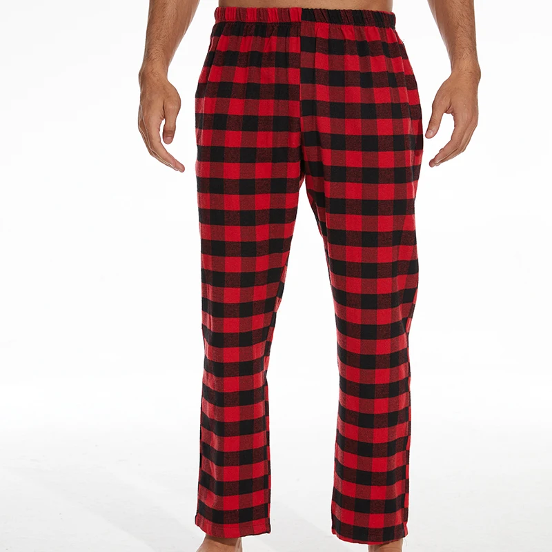 Men's fashion casual pajama trousers soft and comfortable loose elastic waistband plaid comfortable straight home leisure trouse