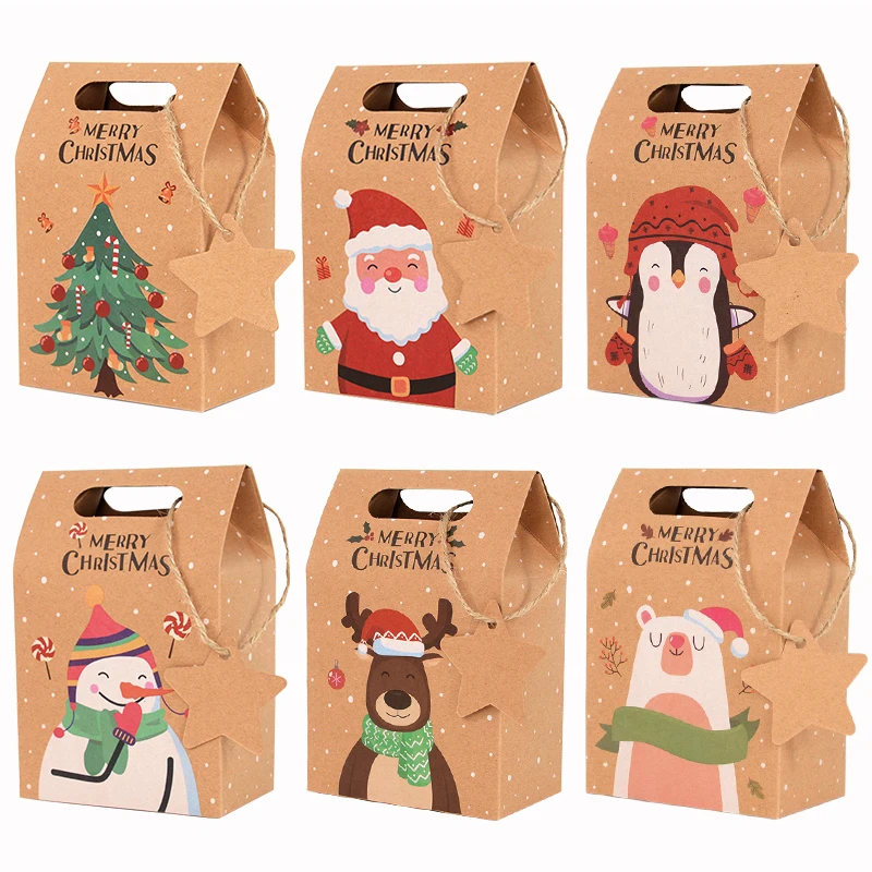 6pcs Merry Christmas Candy Gift Box with Tag Kraft Paper Cookies Gift Packing Bags 2023 Xmas Party Home Decoration New Year 2024