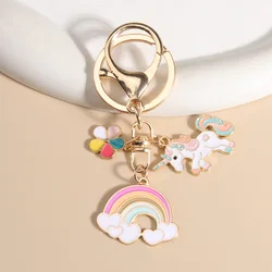 Cute Enamel Keychains Lovely Cartoon Rainbow Unicorn Flowers Friendship For Women Girls Gift Handbag Jewelry