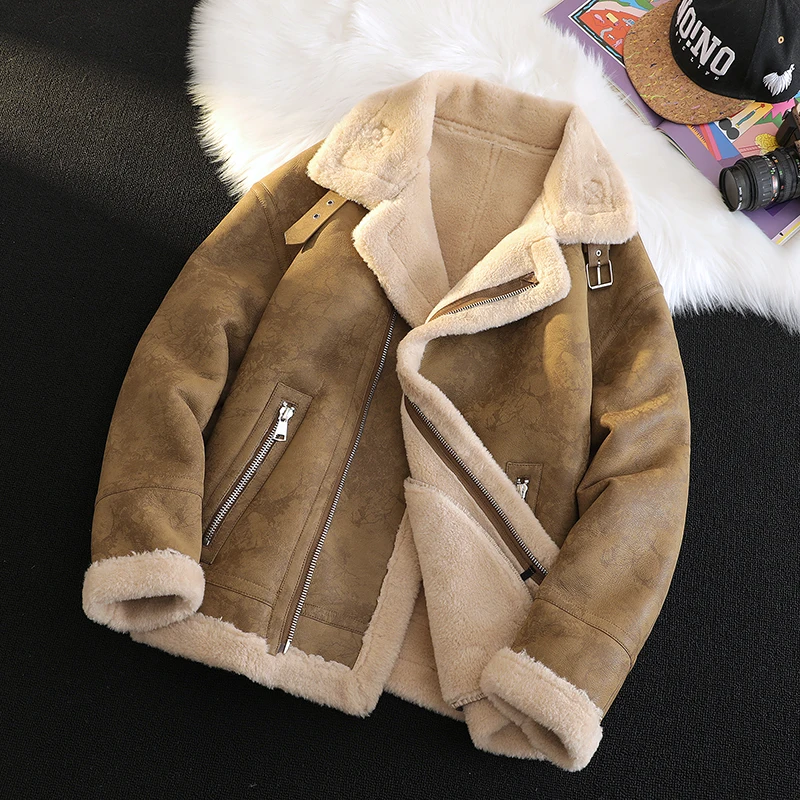 

GIOIO men's leather jacket, leather and fur fabric, plush and thick lining, autumn and winter casual warm tops and coats