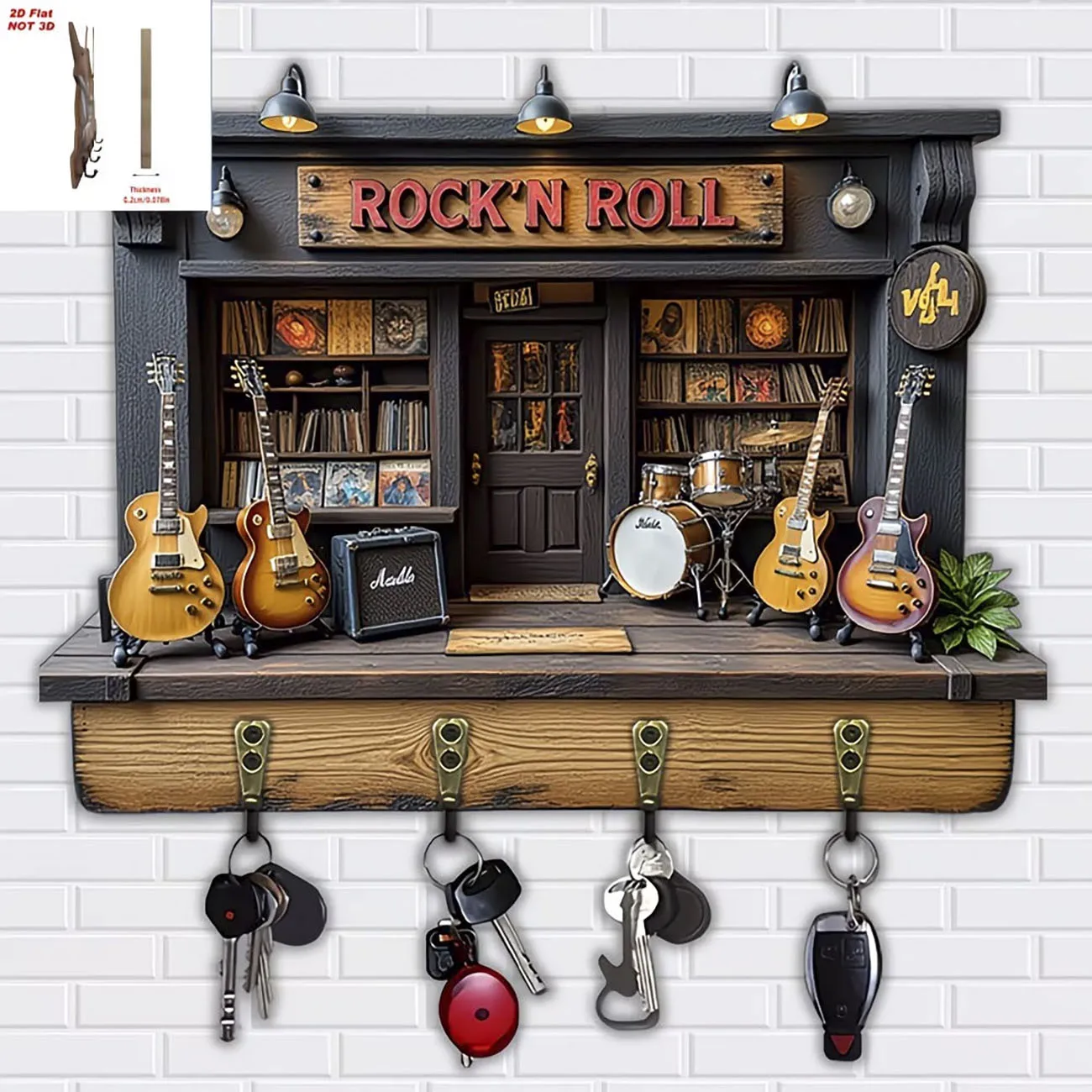 Rock 'N Roll Guitar Shop Key Holder, 2D Flat Print Wall Mounted Key Rack with 4 Hooks, Music Lover Home Decor Key Organizer