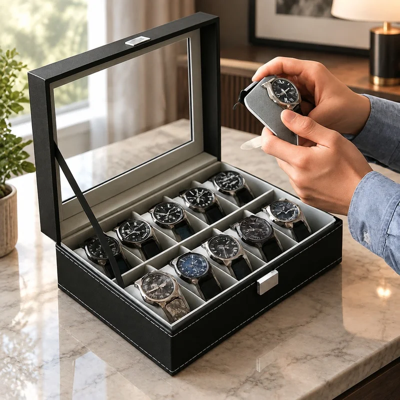 PU Leather Display Organizer with Glass Lid, Multi-Compartment Storage Box for Men's Watches and Jewelry, 2-12 Slots