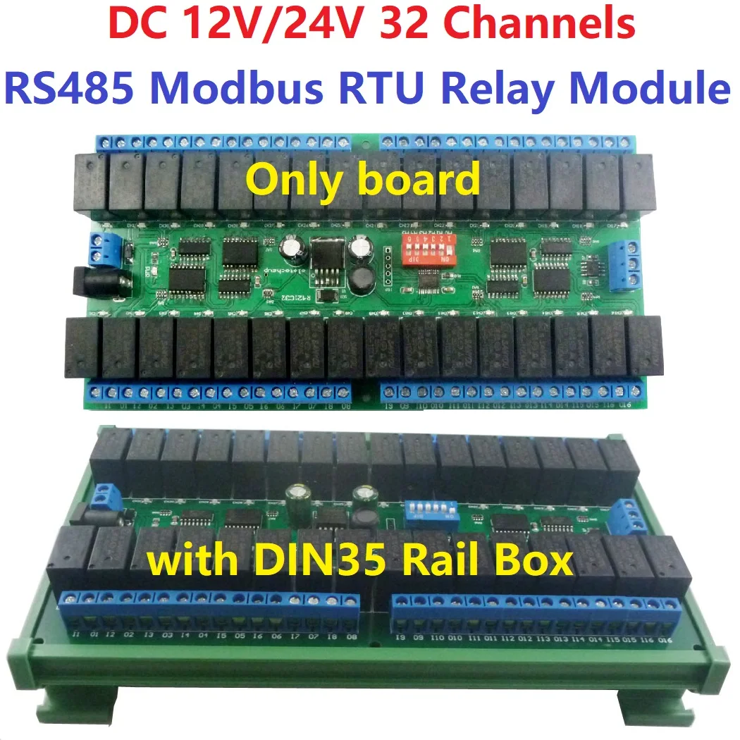 32 Channel DC 12V RS-485 Modbus RTU Relay Board for Remote Control of LED, Motor, PLC, PTZ Camera in Smart Home System