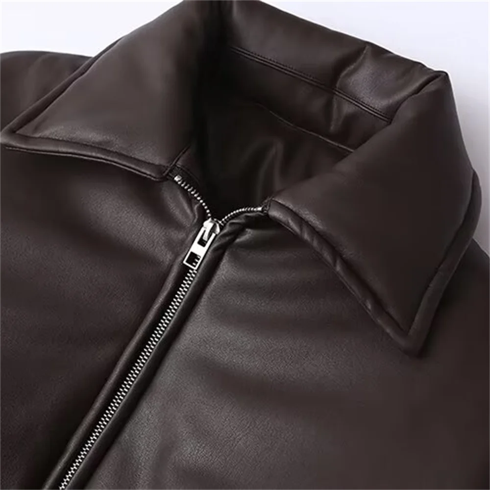 TRAF Autumn New Product Casual Fashion Retro PU Leather Cover Loose Thick Warm Cotton Jacket Short Coat Jacket