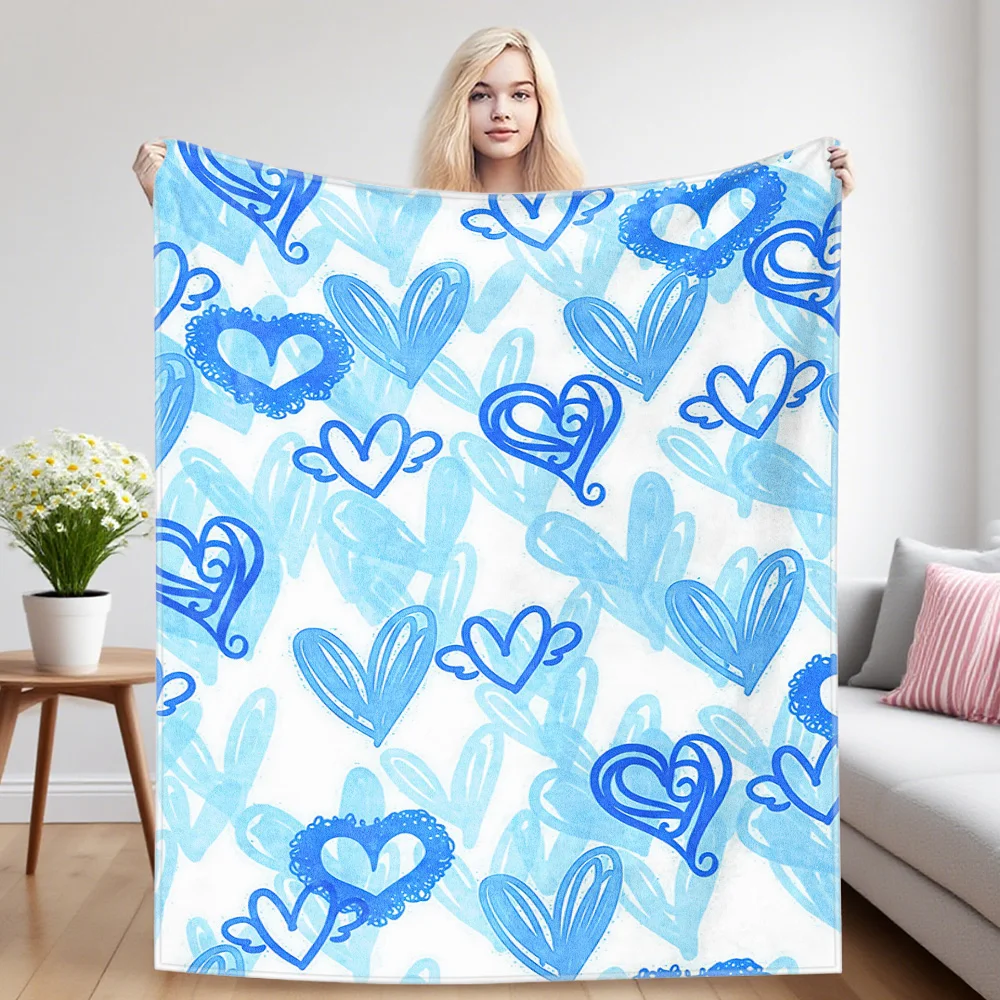 Sky Blue Doodle Hearts Warm And Soft Halloween And Christmas Sofa Decoration Gift With Flannel Blanket