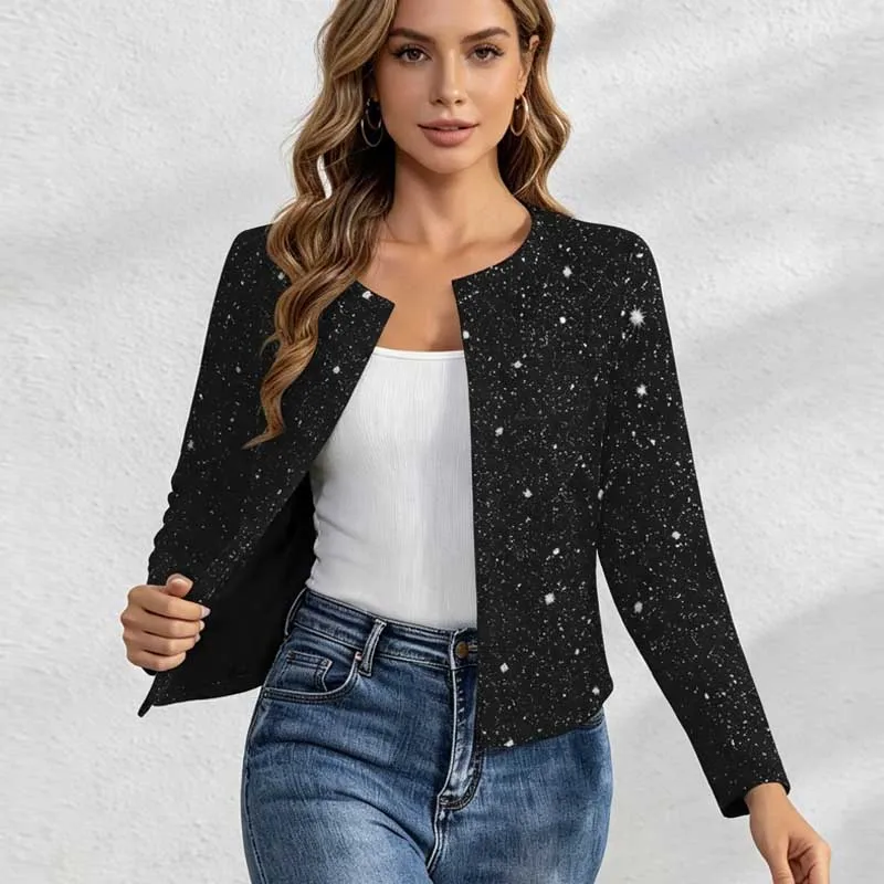 New Women Short Jacket Autumn Open Front Cropped Shirt Long Sleeve Sparkly Print Casual Party Daily Outerwear UK Fashion Tops