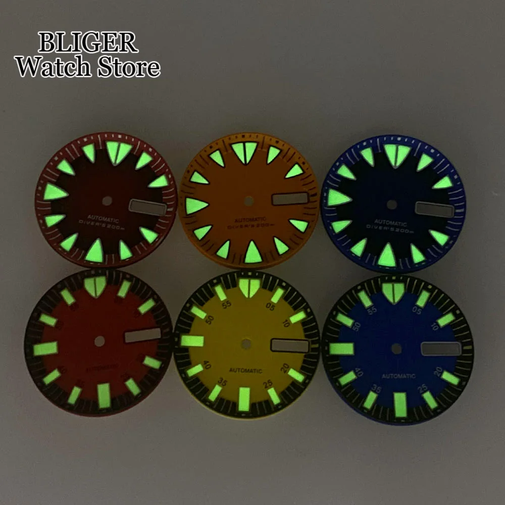 29MM Luminous Red Blue Watch Dial Green Lume Date Window Fit NH36 NH36A Automatic Mens Dive Watch Accessories Part