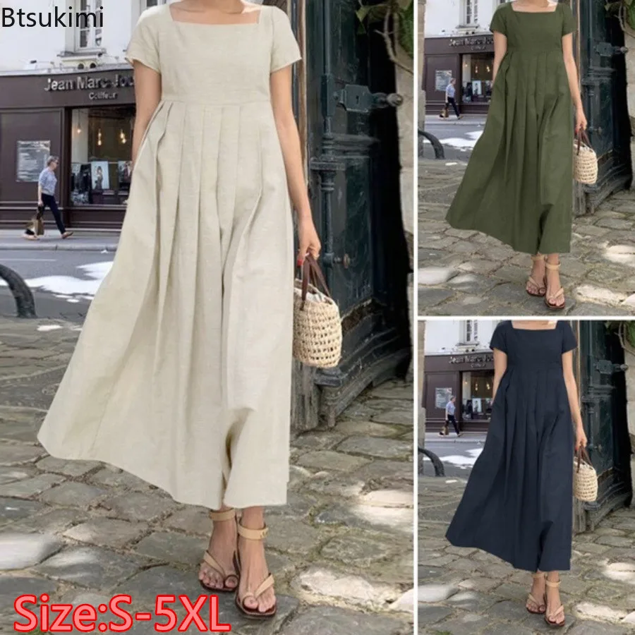 

Summer Fashion Elegant Dress for Women New Loose Cotton Linen Square Neck Big Hem Casual Long Skirts Ladies Party Pleated Dress