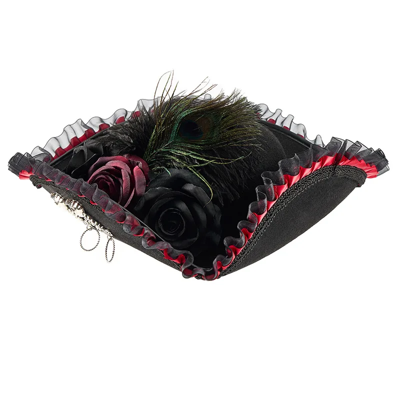 Halloween Female Pirate Cosplay Prop Retro Lace Peacock Feather Triangle Pirate Hat Gothic Dark Skeleton Performance