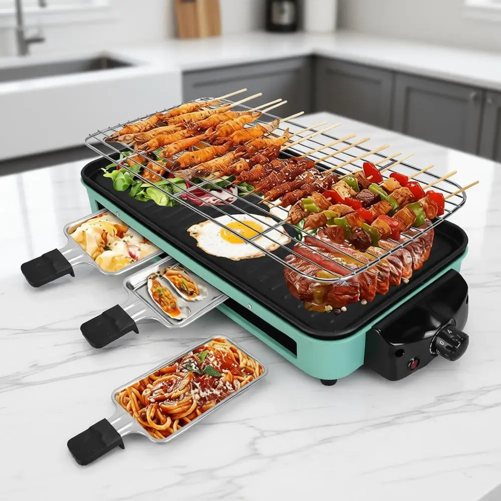

1500W Electric Indoor Grill, 2 in 1 Portable SmokelIndoor Raclette Table Grill, Korean BBQ Grill with Grill Net & Non-Stick Remo
