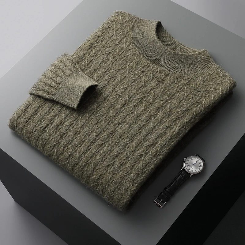 Autumn Winter New 100% Cashmere Sweater Men\'s Half High Neck Pullover Top Slim Fit Long Sleeve Warm Knitted Herringbone Sweater