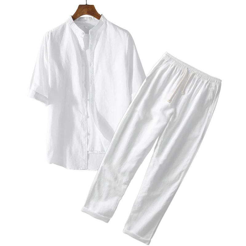 White Premium Cotton Linen Shirt Pants Outfits Men\'s Linen Sets 2 Piece Long/Short Sleeve Shirts Yoga Pants Beach Wedding Suits