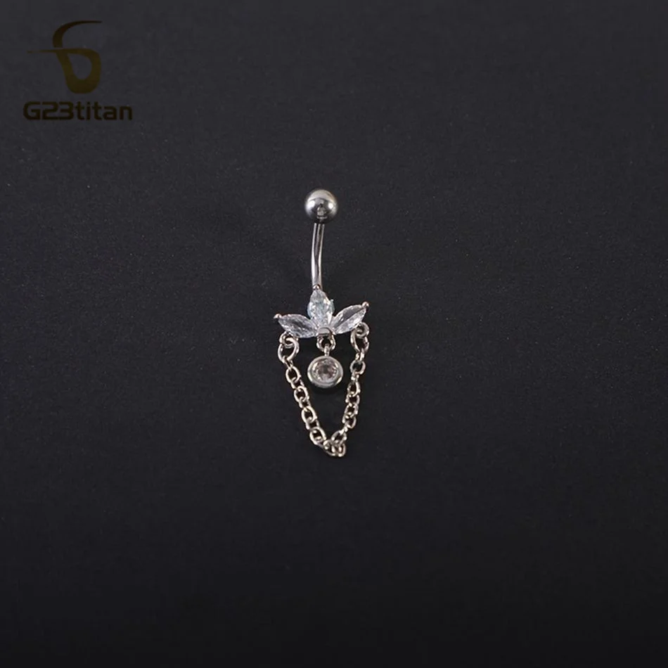 Boho Lotus Flower Belly Ring Dangling Chain CZ 14G Titanium Navel Piercing Jewelry Women Summer Crop Top Accessory Silver Color