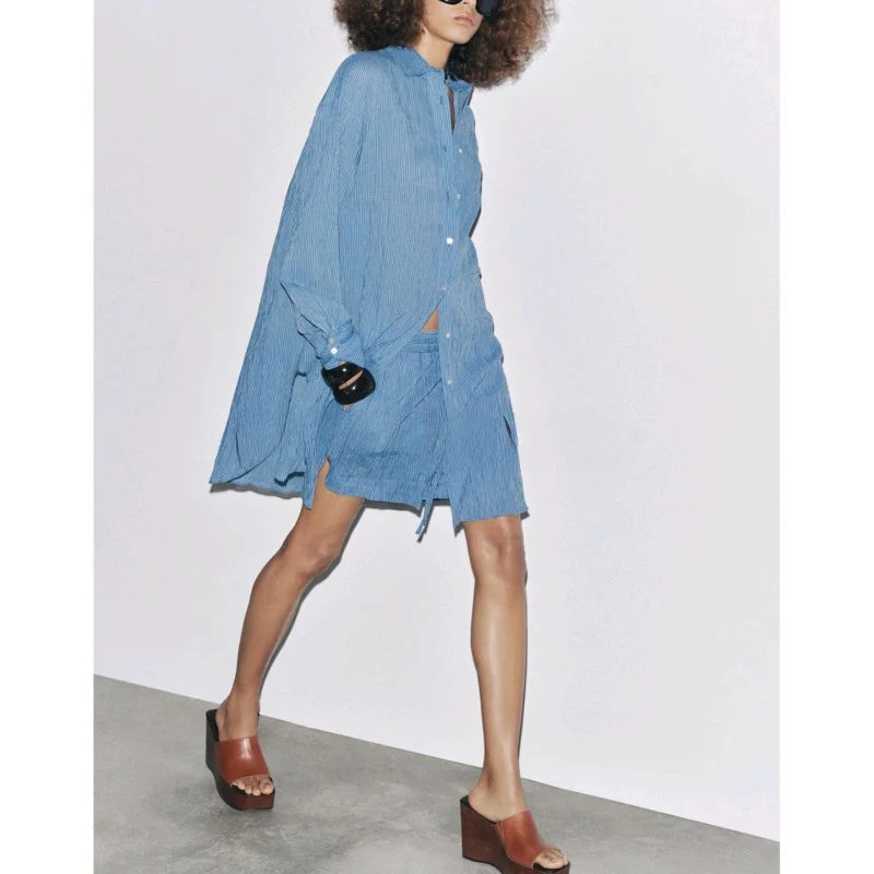 Casual Cotton Blend Striped Long Sve irt And orts Set Button up Sle Summer Faion Women's Two-Piece Suit 2025 Season