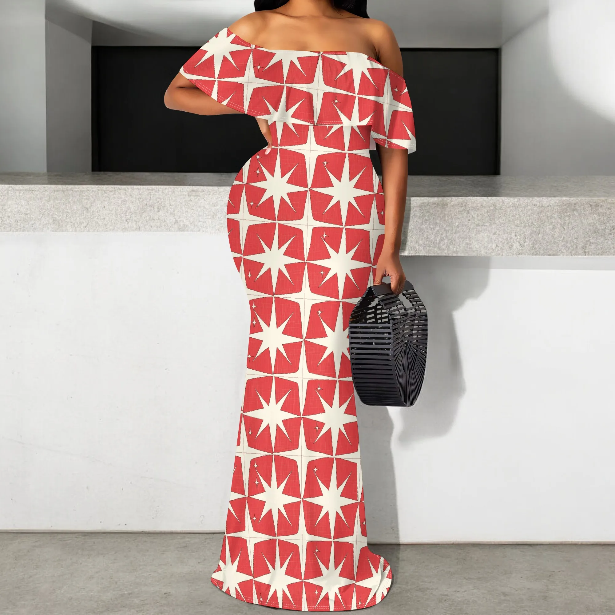 

Independence Day Star Print Maxi Dress S-3XL – Red Off Shoulder 4th of July Party Dress