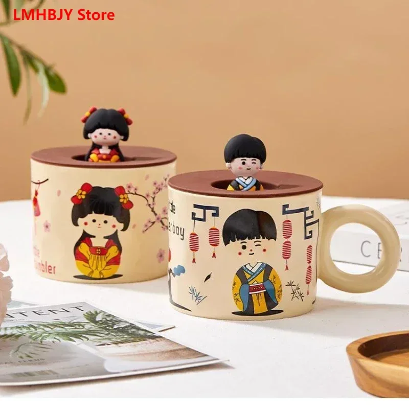 LMHBJY Cute Cup Creative Mug with Lid Ceramic Cup Couple Water Cup Cartoon High Beauty Breakfast Cup Coffee Cup Female