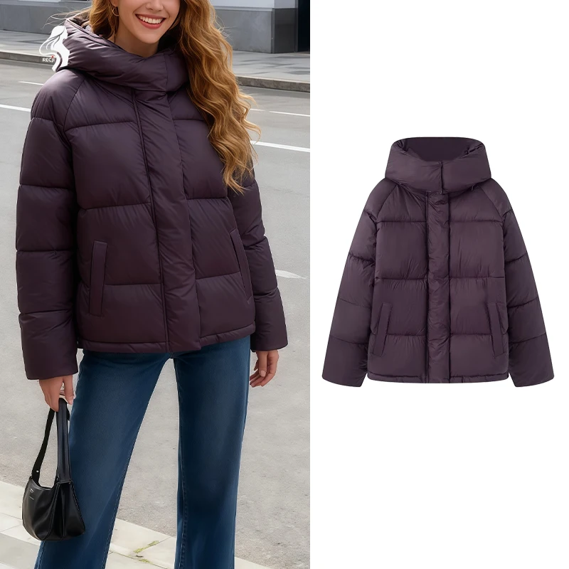 

Women's Hooded Purple Cotton Jacket - Quilted Design, Warm Winter Coat, Casual Cold-Weather Outerwear
