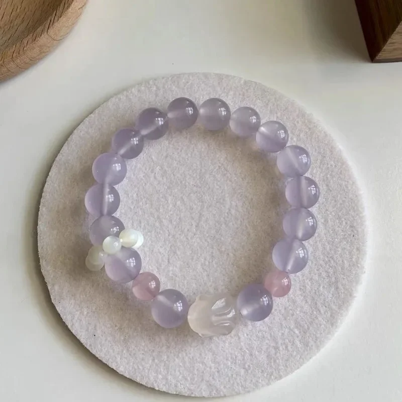 

Натуральный фиолетовый желеобразный Агат цвета личи браслет с розовым кристаллом женский Кролик Девочка подруга нишевое украшение для рук