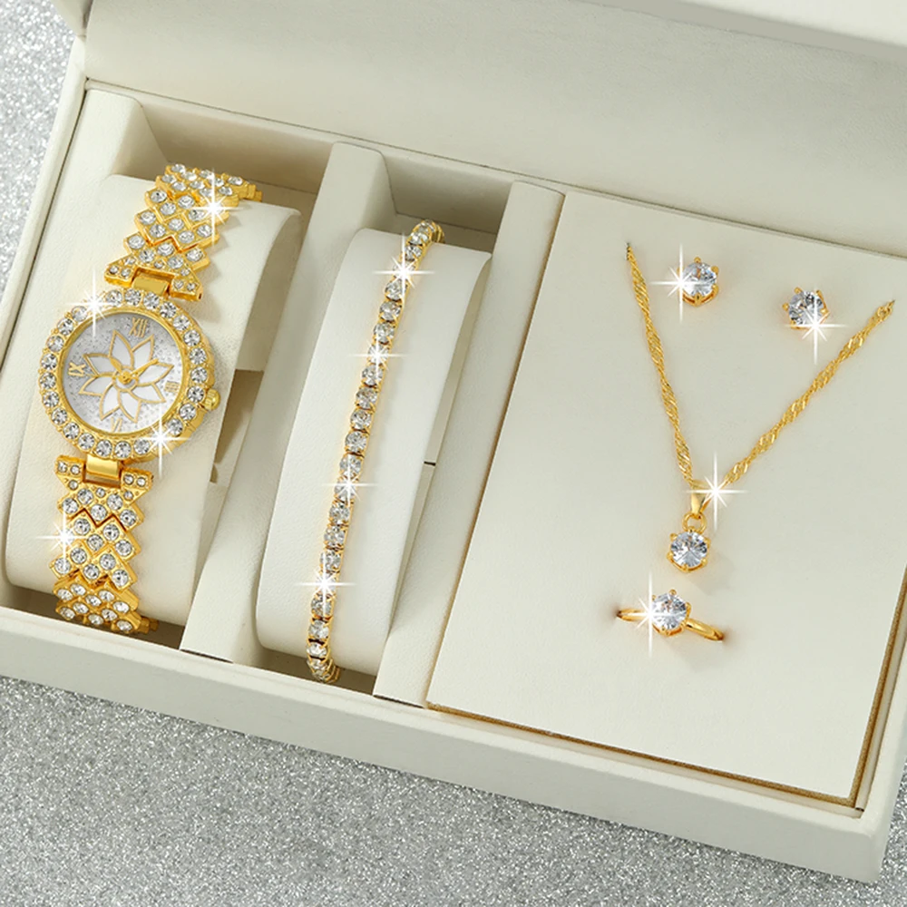 6pcs Women's Quartz Watch Fashion Casual round Pointer Quartz Watch and Necklace Ring Bracelet Earrings Set