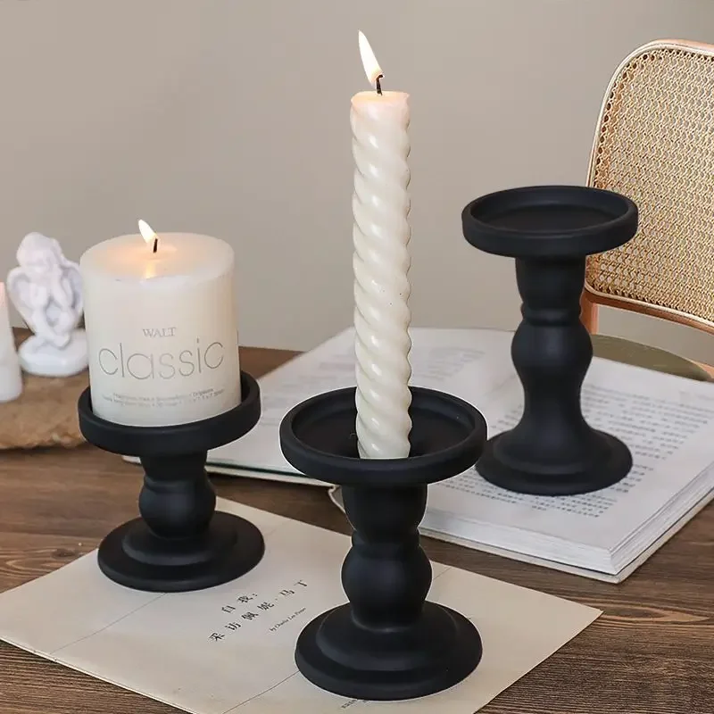 3-piece American Retro Matte Black Glass Candle Holder Dining Table Decoration Ornaments Roman Columns Candlestick Accessories