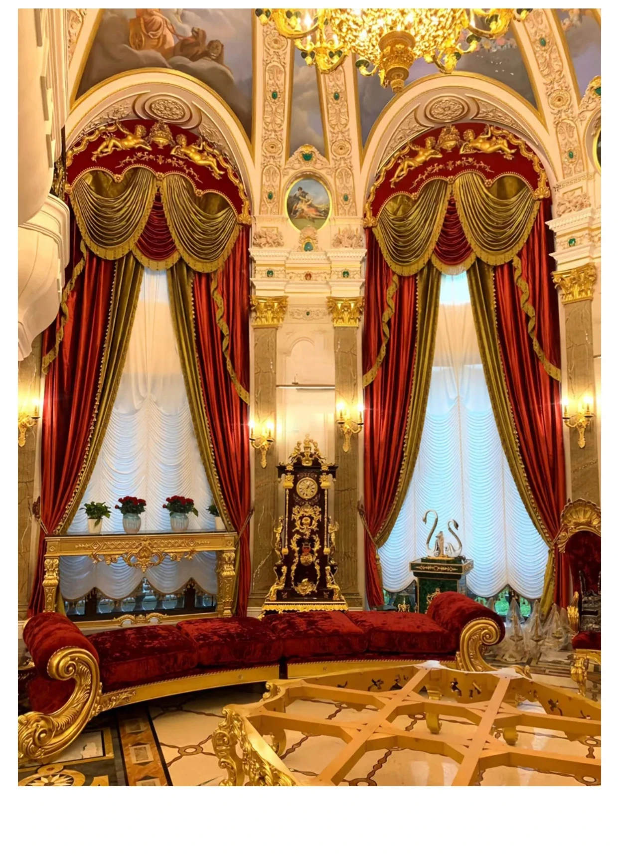 Gold Red Embroidered Window Screen Velvet Splicing Thickened Curtains for Living Room Bedroom French Balcony Villa Valance