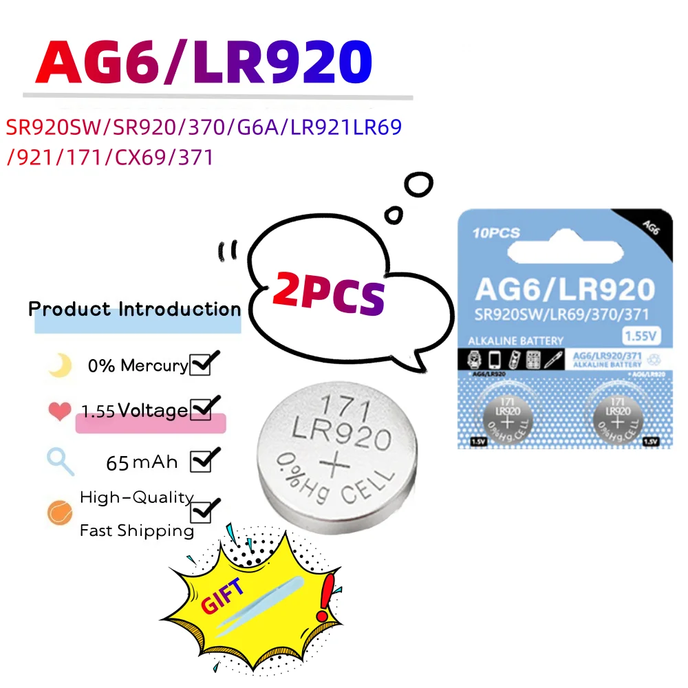 2-10PCS 1.55V AG6 65mAh 371 Knop Batterijen SR920SW LR920 SR927 171 370 L921 LR69 SR920 Voor Horloge Speelgoed Afstandsbediening Munt Beslag